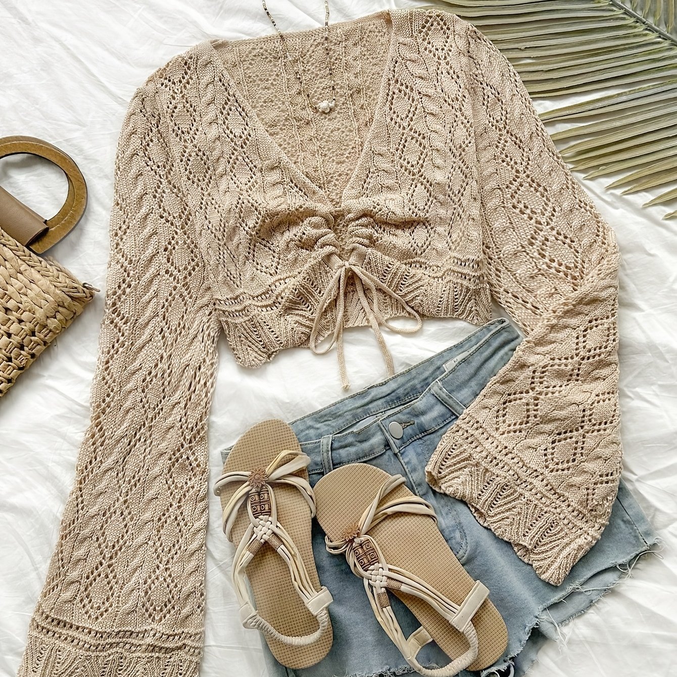 TEMU Elegancki, dzianinowy sweter wakacyjny dla kobiet - stylowa, z wycięciem w kształcie litery V, z długim rękawem i delikatnym detalem z koronki,