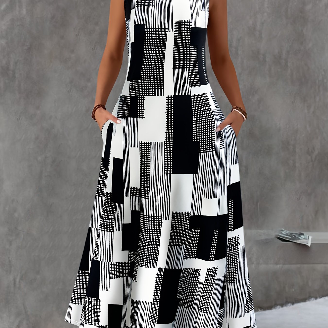 TEMU Stylowa letnia sukienka damska w kratę, w paski, bez rękawów, z okrągłym dekoltem i kieszeniami, codzienna odzież damska
