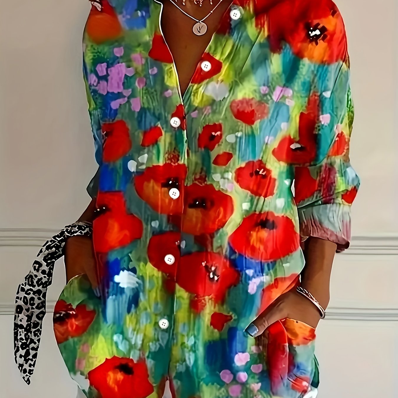 TEMU Bluzka w Żywe Kwiatowe Wzory dla Kobiet - Damski Koszulowy Top z Długim Rękawem i Kołnierzykiem na Guziki, Moda Wiosenna/Letnia w Kolorach