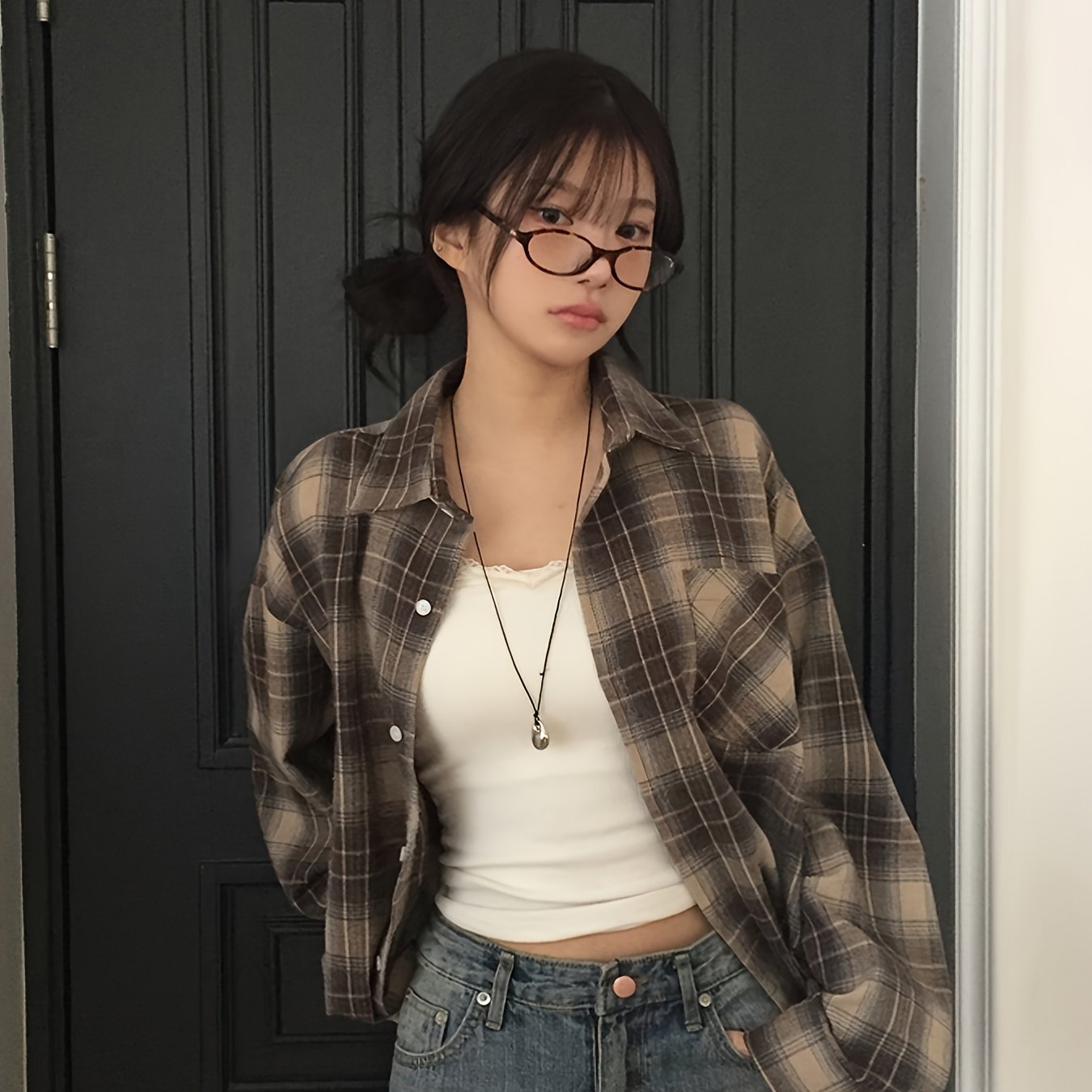 TEMU damska koszula w kratę w stylu vintage na wiosnę i 2025, zaprojektowana luźna, codzienna i uniwersalna z długim rękawem.