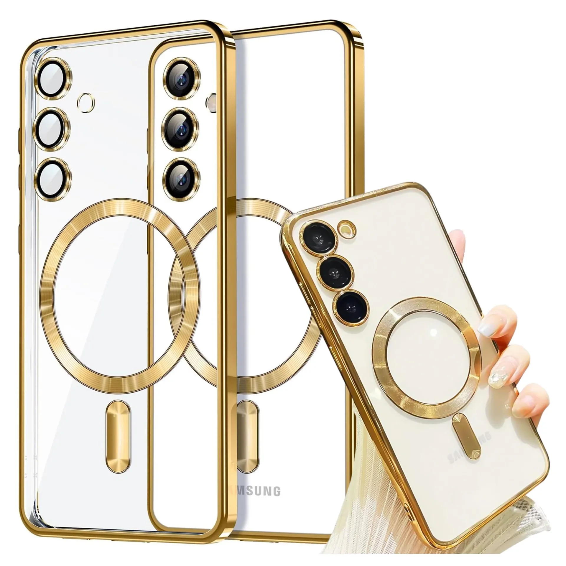 Etui do Samsung Galaxy S24 FE Alogy LuxeShield™️ Glamour Luxury Ring obudowa do MagSafe z osłoną aparatów Złote