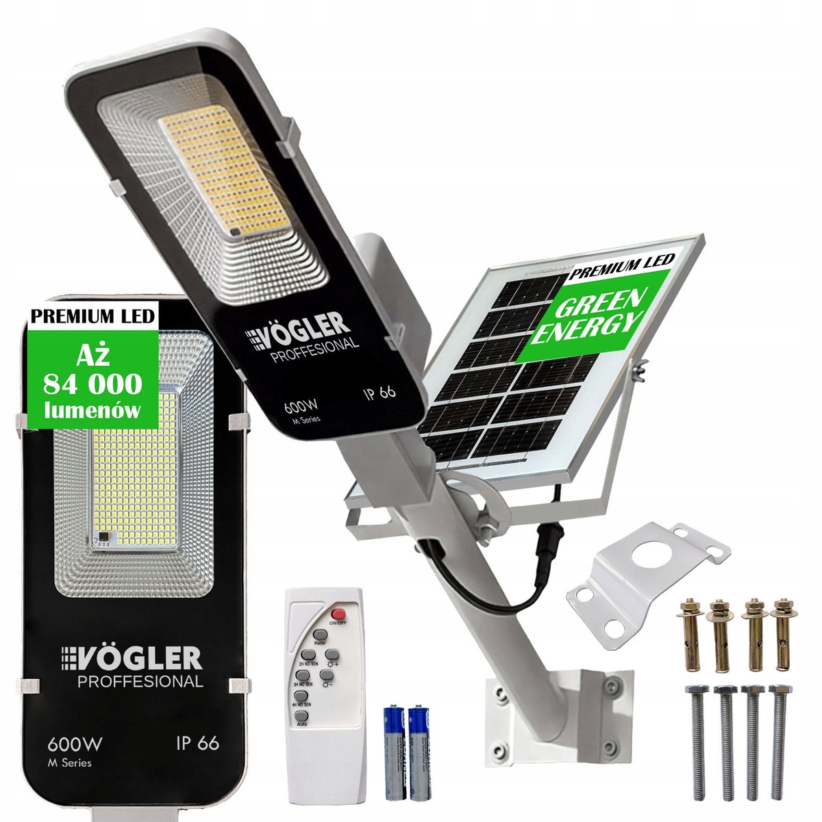 LAMPA SOLARNA LED MOCNA VOGLER PROFFESIONAL 600W czujnikiem + PILOT Panel