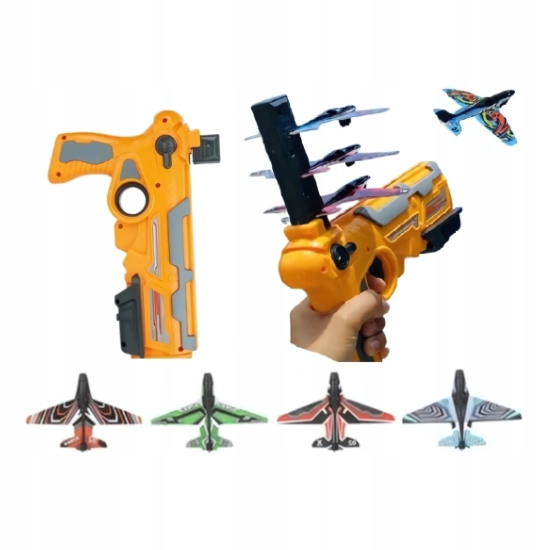 PISTOLET ZABAWKA WYRZUTNIA SAMOLOTÓW AUTOMATYCZNA 4 x PIANKOWY SAMOLOT