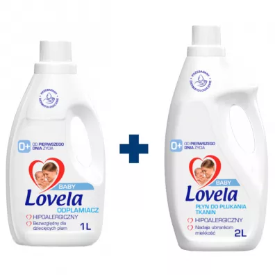 Lovela Płyn do płukania + Odplamiacz w żelu do ubranek niemowlęcych i dziecięcych Zestaw 2 l + 1 l