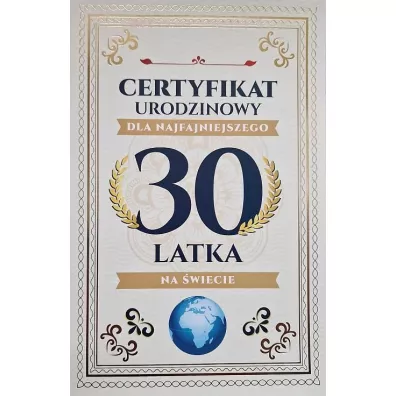 Karnet Certyfikat Urodzinowy 30 urodziny męskie