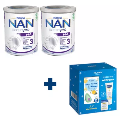 Nestle NAN EXPERTpro Zestaw HA 3 Produkt na bazie mleka junior dla dzieci powyżej 1. roku życia + Mustela Zestaw Zimowa Ochrona gratis 2 x 800 g + 9,2 g + 40 ml
