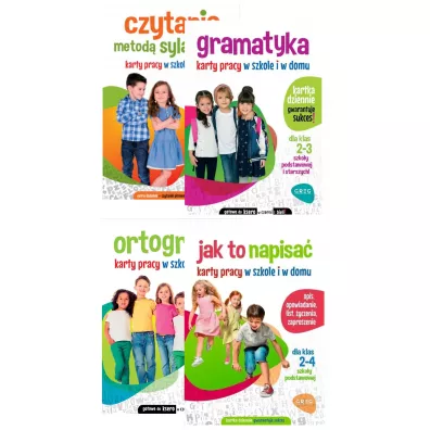 Pakiet Karty pracy w szkole i w domu: Czytanie metodą sylabową, Jak to napisać, Ortografia, Gramatyka