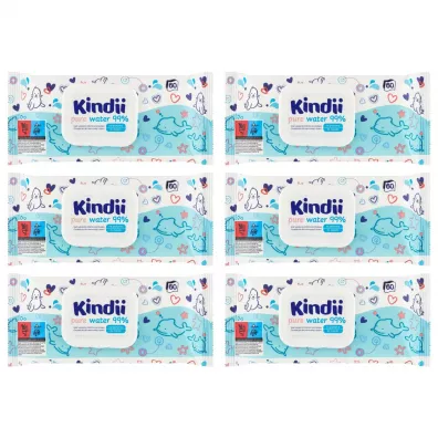 Kindii Pure Water 99% Chusteczki nawilżane dla niemowląt i dzieci zestaw 6 x 60 szt.