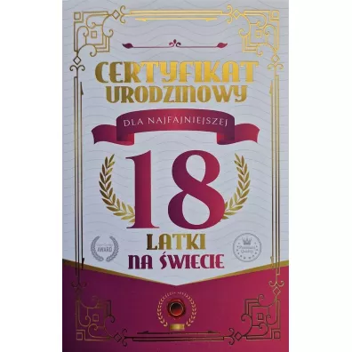 Karnet Certyfikat Urodzinowy 18 urodziny damskie