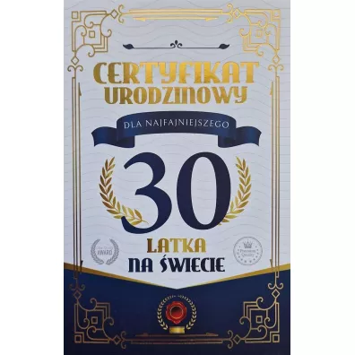Karnet Certyfikat Urodzinowy 30 urodziny męskie