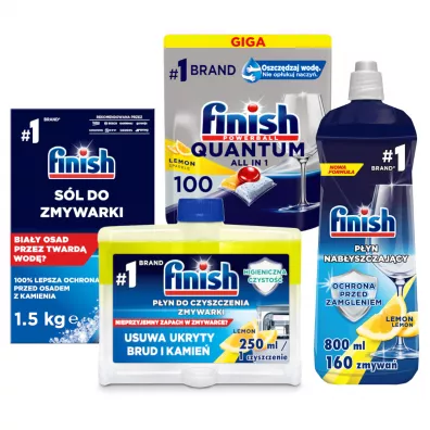 Finish Zestaw do zmywarek: kapsułki do mycia naczyń, nabłyszczacz, sól, płyn do czyszczenia 100 kaps. + 800 ml + 1.5 kg + 250 ml