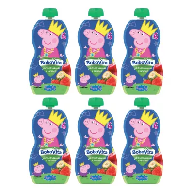BoboVita Świnka Peppa Mus jabłko i truskawki z bananem po 6 miesiącu Zgrzewka 6 x 100 g