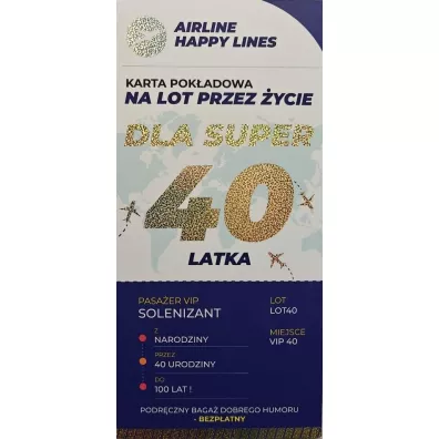 Karnet karta pokładowa 40 urodziny męskie