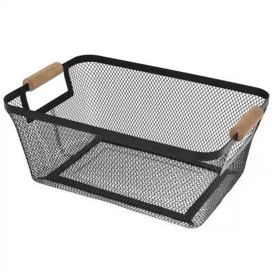 Excellent Houseware Koszyk metalowy czarny z drewnianą rączką 35 x 23 x h16 cm