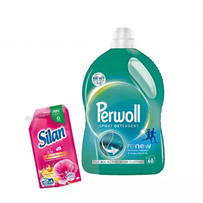 Perwoll Zestaw Płyn do prania tkanin sportowych Sport (60 prań) + Silan Płyn do zmiękczania tkanin Fabrlhafter Blutenrausch gratis 3 l + 500 ml