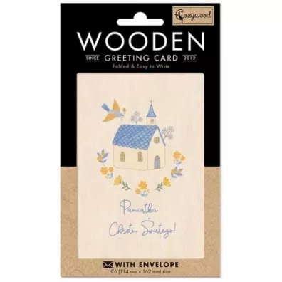 Cozywood Karnet drewniany C6 + koperta Chrzest Gołąb