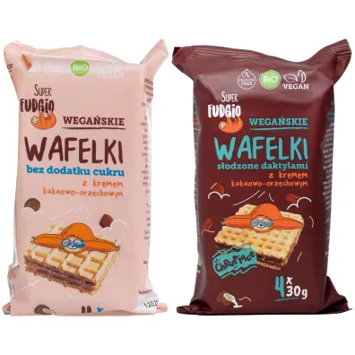 Super Fudgio Zestaw Wafelki z kremem: kakaowo-orzechowe, słodzone daktylem 2 x 120 g Bio