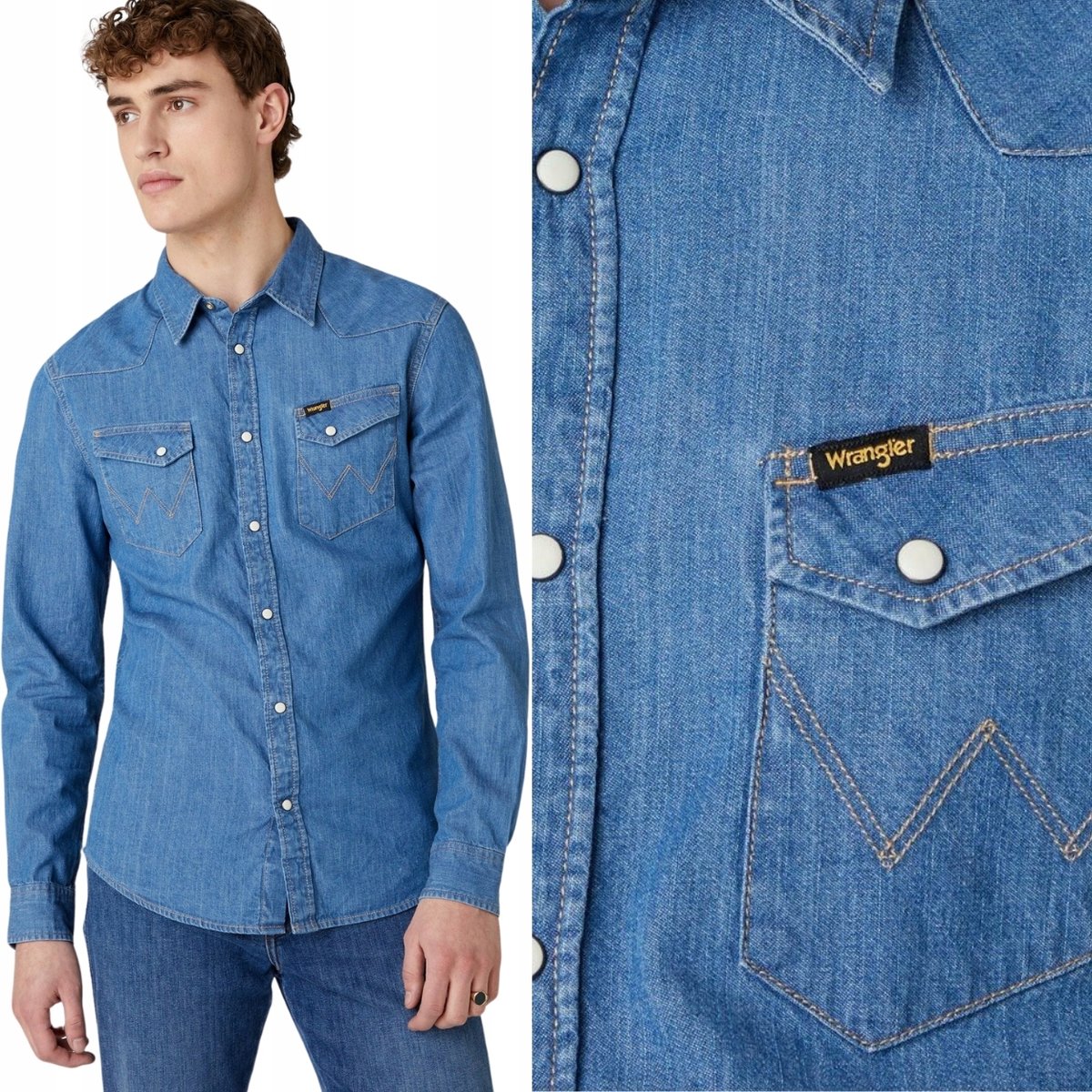 Wrangler WESTERN SHIRT Mid Stone DOPASOWANA KOSZULA JEANSOWA SLIM FIT M