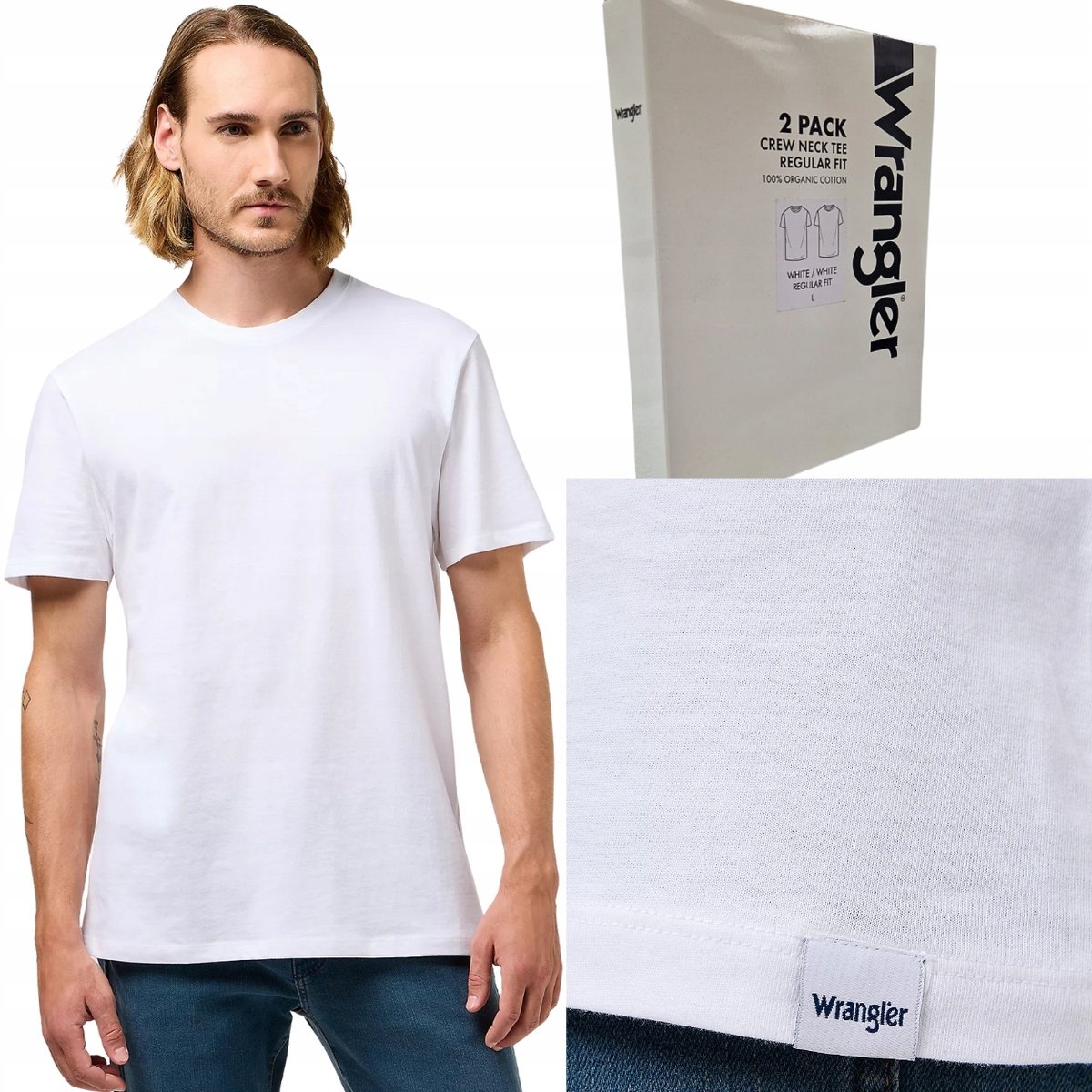 Wrangler 2 PACK White DWUPAK T-SHIRT 2 BIAŁE BAWEŁNIANE KOSZULKI PUDEŁKO S