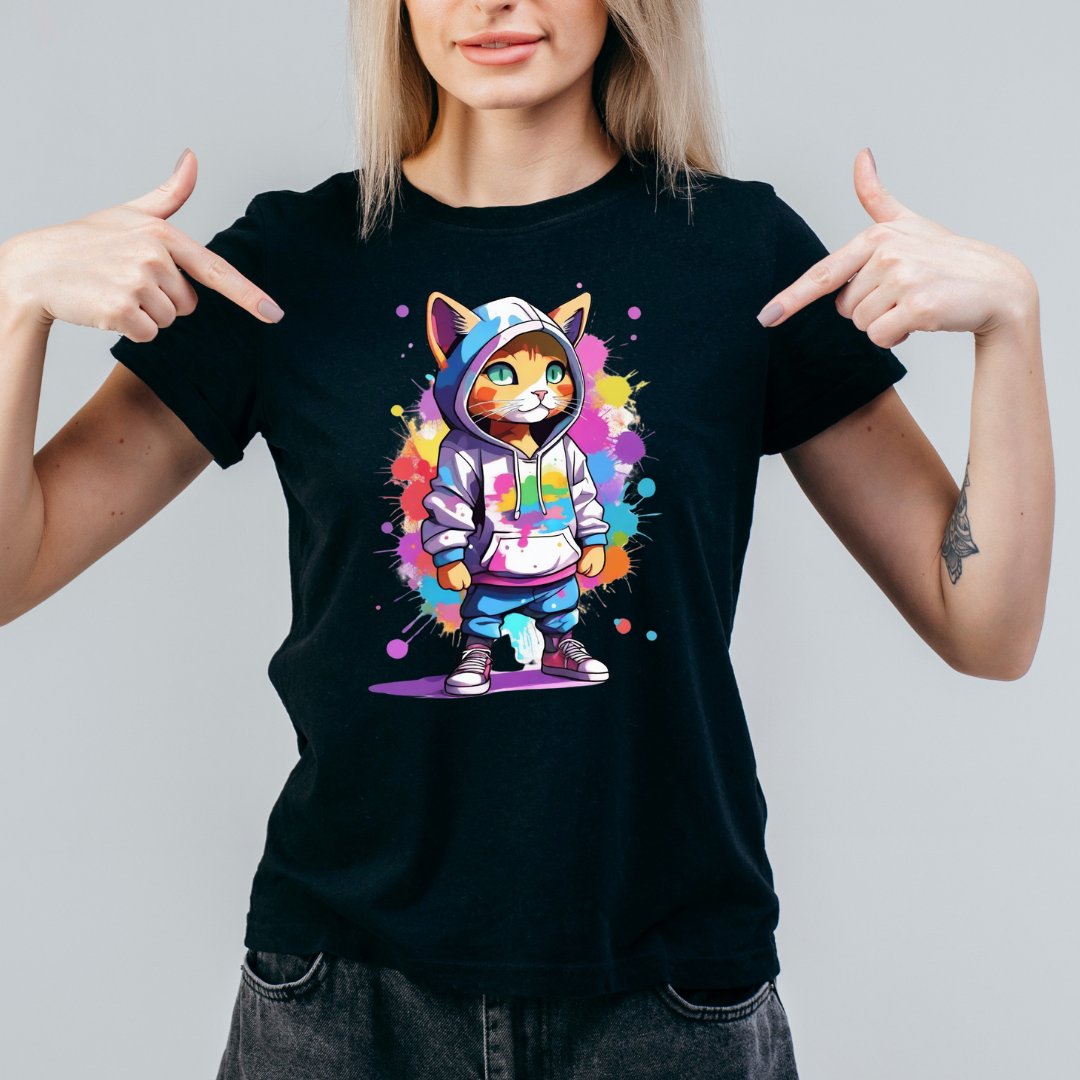 T-Shirt Koszulka czarna z nadrukiem kot kotek graffiti art kolorowy rozmiar S