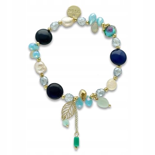 Bransoletka Pozłacana Z Błękitnego Agatu, Pereł I Kryształów Listek