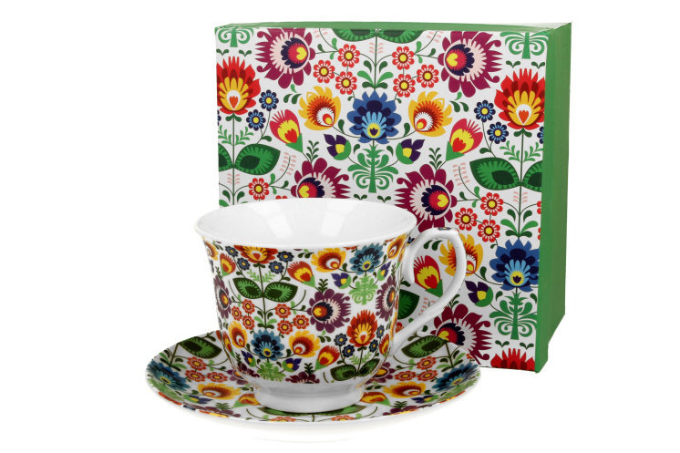Filiżanka do kawy spodek łowicz kwiaty porcelana