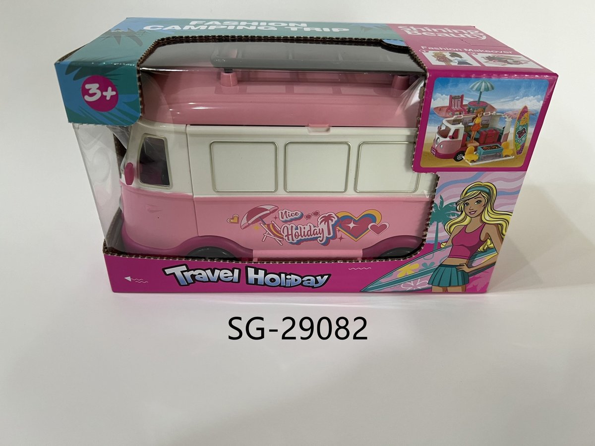 Wakacyjny kamper - wycieczka nad ocean, samochód, lalka do zabawy, zestaw akcesoriów plażowych oraz deska surfingowa, doskonały do zabawy zarówno w ..