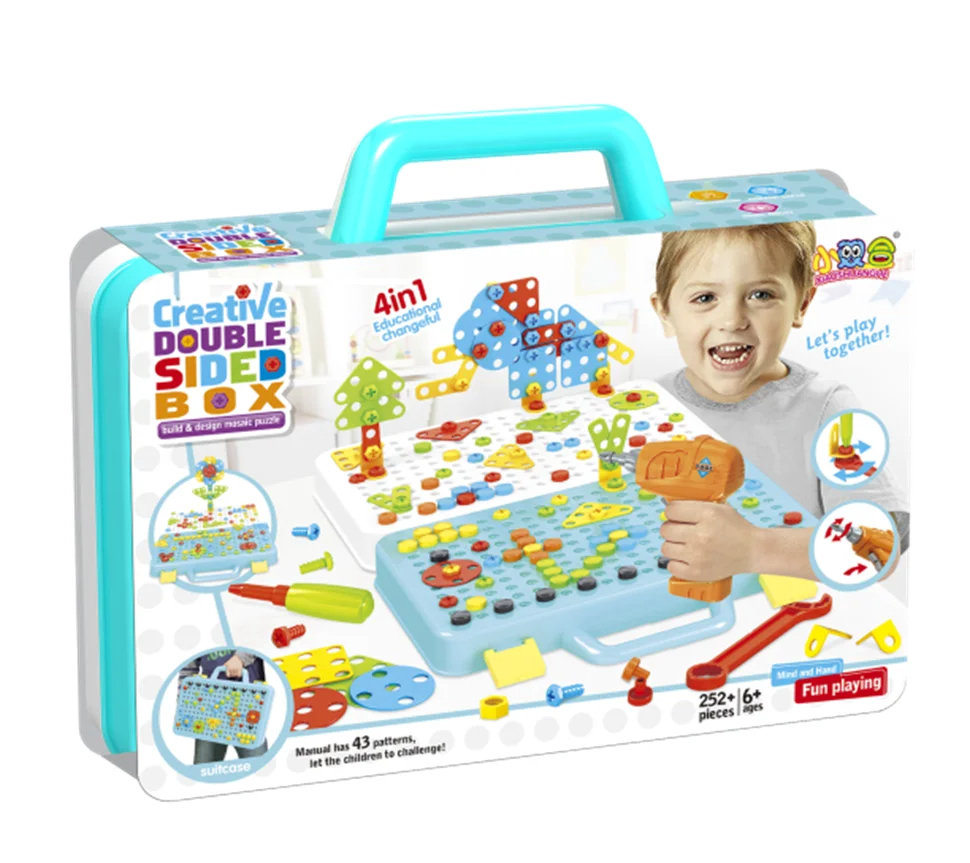 Układanka edukacyjna 3D/klocki konstrukcyjne z wkrętarką i śrubokrętem w zamykanej walizce - 252 elementy