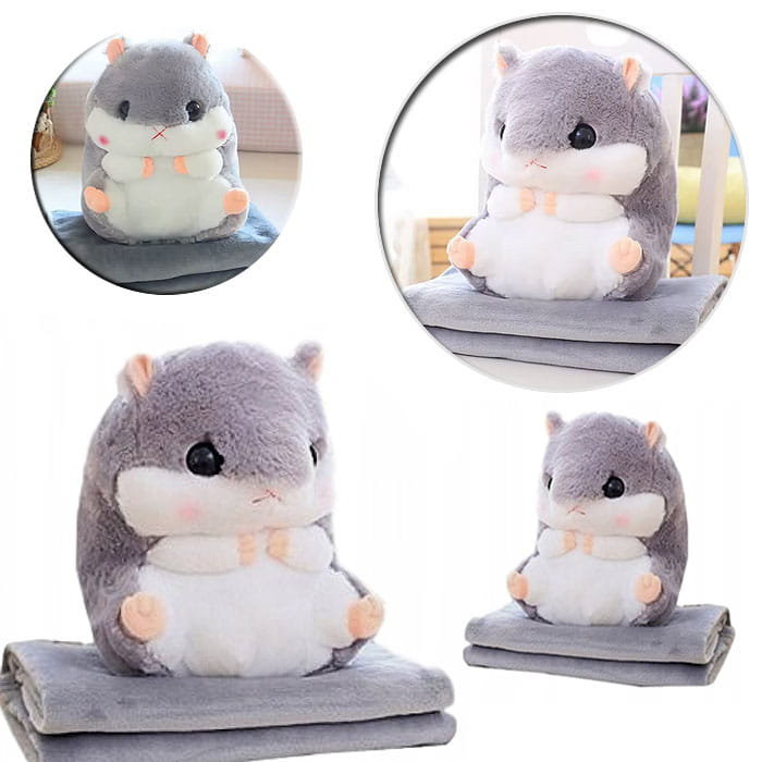 MASKOTKA PRZYTULANKA PODUSZKA CHOMIK Z KOCYKIEM KOC 100X160CM SZARY