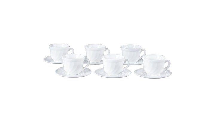 Filiżanka ze spodkiem szkło hartowane biała Eva komplet 190 ml 6+6 szt