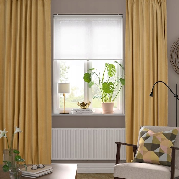 IKEA SANELA Zasłona, 2 szt., beżowo-żółty/na taśmie, 140x300 cm Aksamit