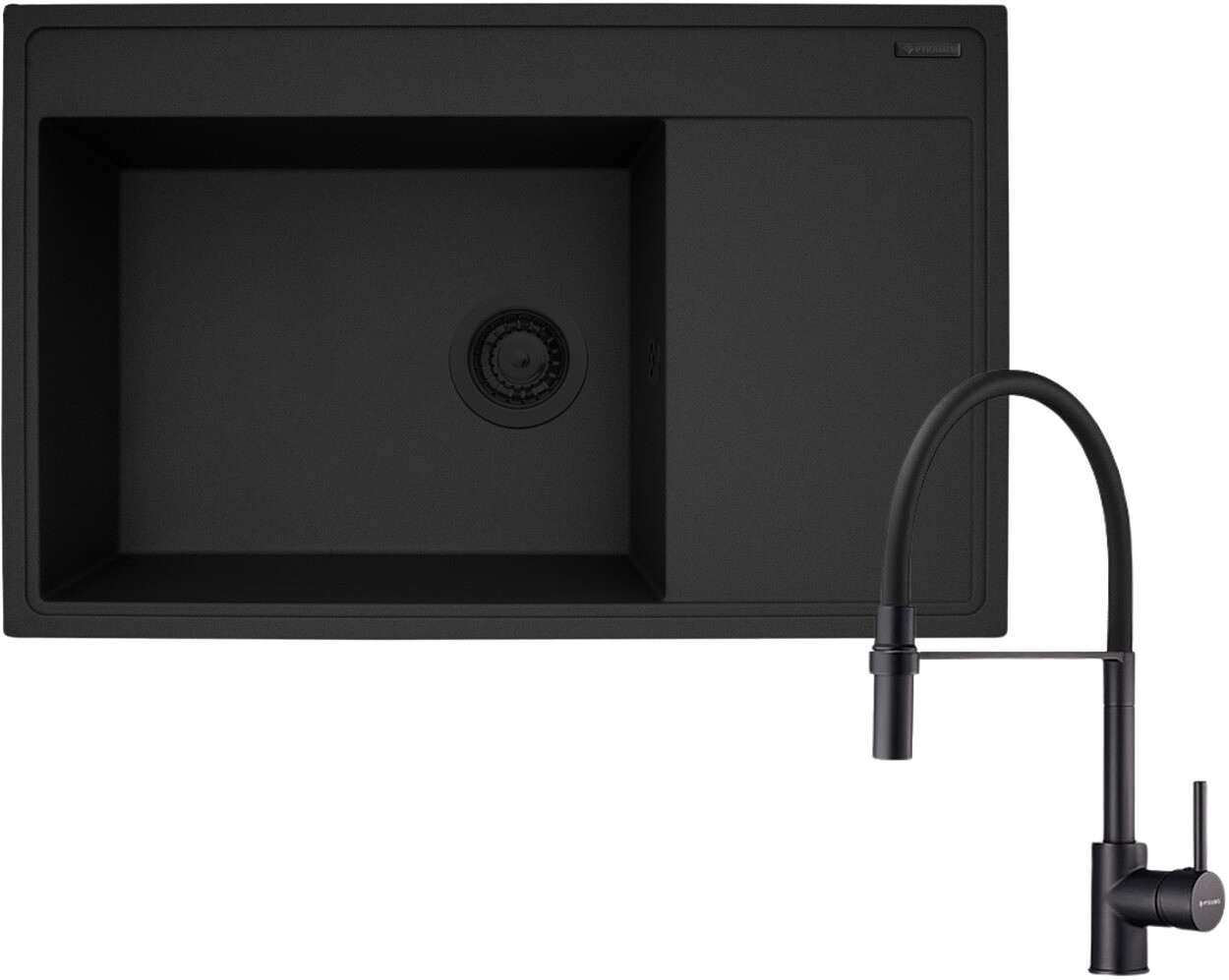 Zestaw Pyramis Zlewozmywak granitowy Camea 79x50 1B1D L + Bateria Serina Volcano Black Edition