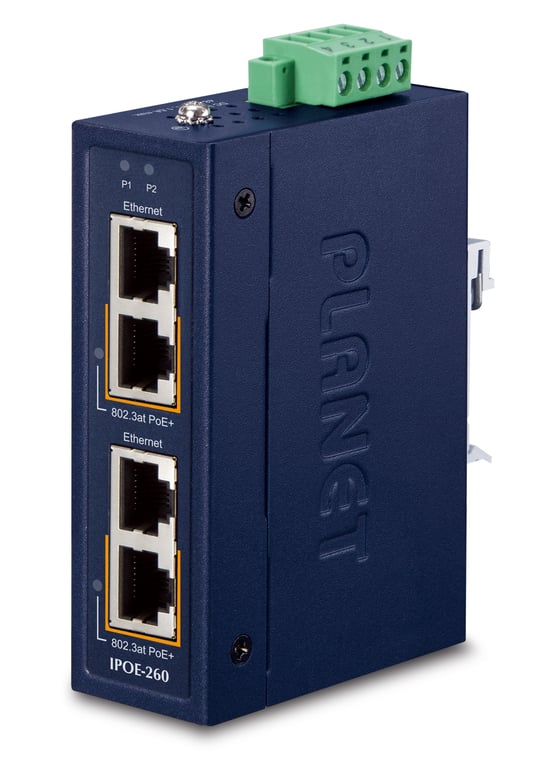 PLANET Industrial 2-port 10/100/1000T Gigabit Ethernet (10/100/1000) Obsługa PoE Niebieski IPOE-260