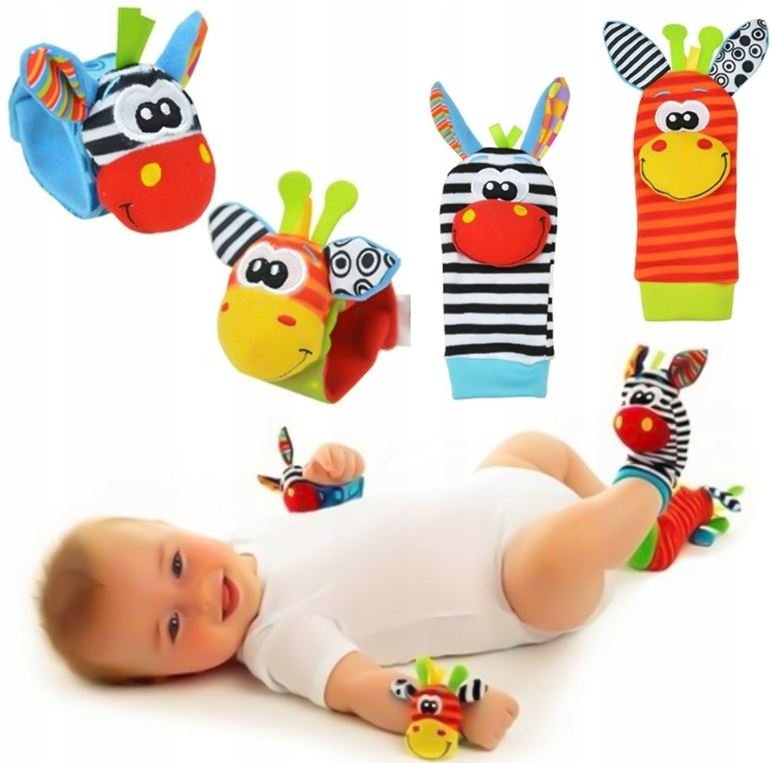 2X SKARPETKI I 2X OPASKI Z GRZECHOTKĄ DLA NIEMOWLĄT SENSORYCZNE 3D MIĘKKIE