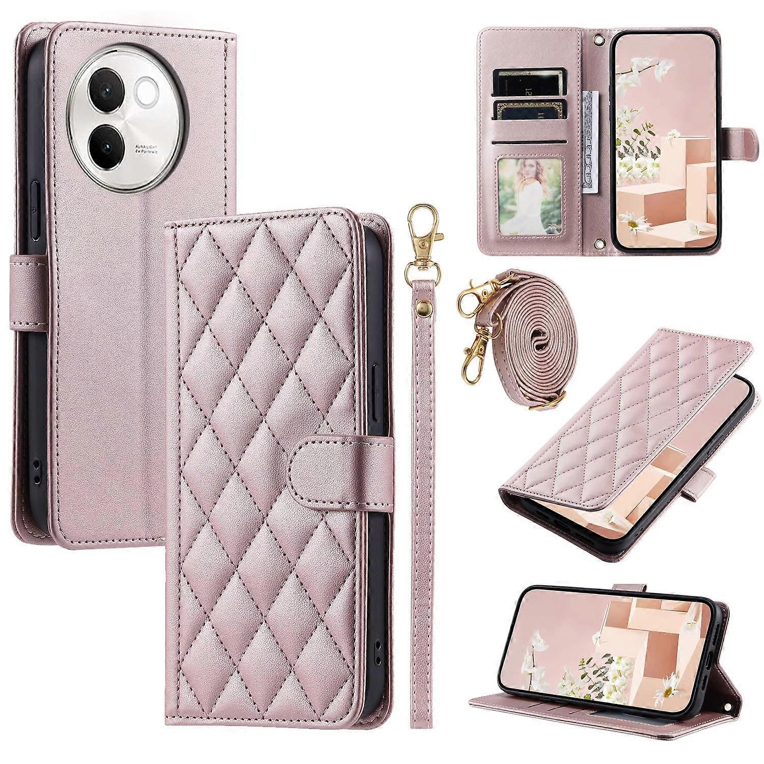 Dreamsoule Dla vivo V40 Lite 5G V30e 5G Etui-portfel Rhombus Grid PU Skórzany pokrowiec na telefon - różowe złoto Wielobarwny Rose Gold