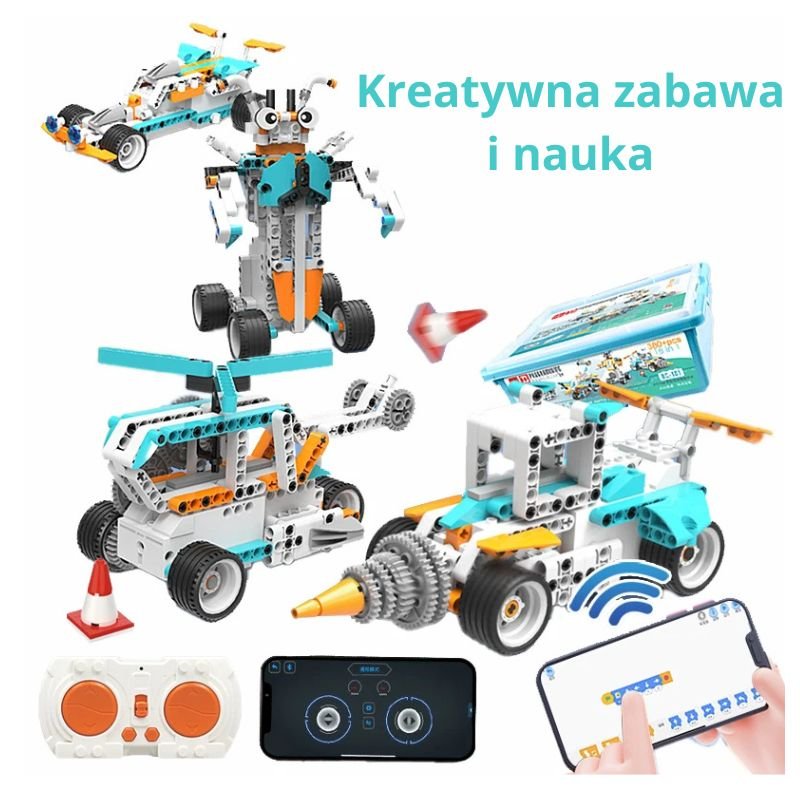 Duży zestaw klocków konstrukcyjnych do programowania, zajęcia z robotyki, klocki napędowe, sterowanie poprzez aplikację