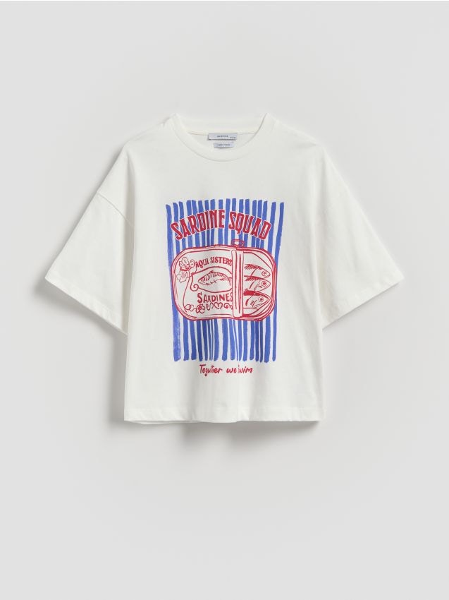Reserved - Luźny t-shirt z nadrukiem - złamana biel