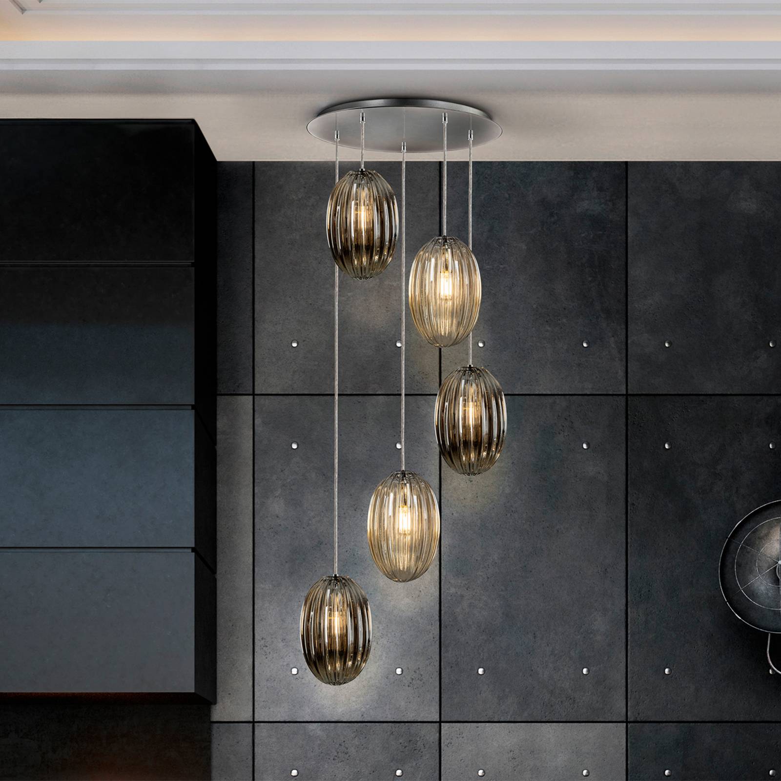 Schuller Valencia Lampa wisząca szklana Ovila, możliwość ściemniania, aluminiowy / szary / cynkowy, salon / jadalnia, szkło