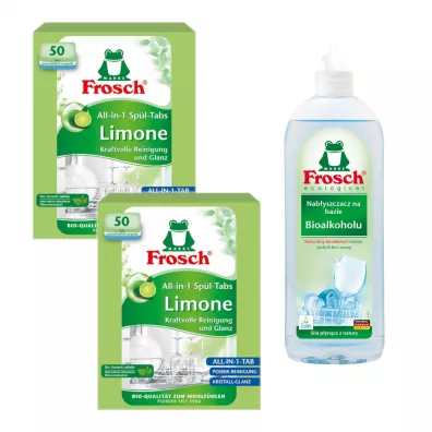 Frosch Tabletki do zmywarek All in One limonkowe + Nabłyszczacz na bazie Bioalkoholu Zestaw 2 x 50 szt. + 750 ml