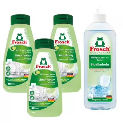 Frosch Limonkowy żel do mycia naczyń w zmywarkach + Nabłyszczacz na bazie Bioalkoholu Zestaw 3 x 650 ml + 750 ml