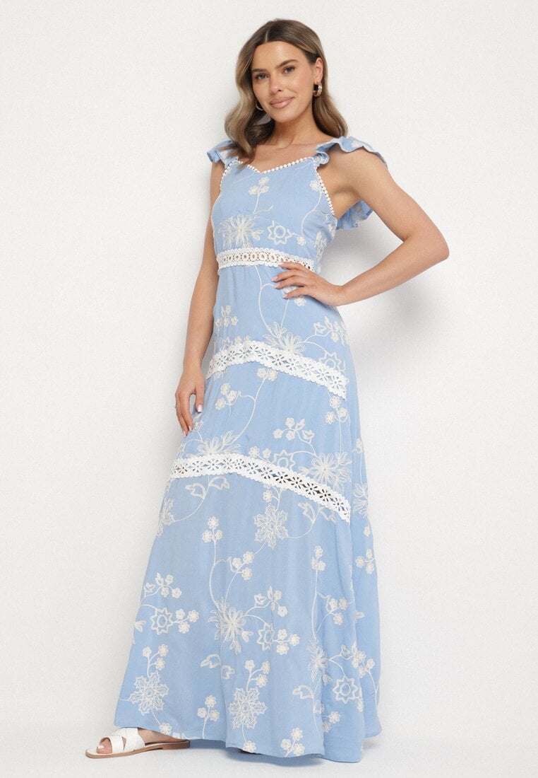 Niebieska Wiskozowa Sukienka Ozdobiona Haftami i Falbankami Lumionea