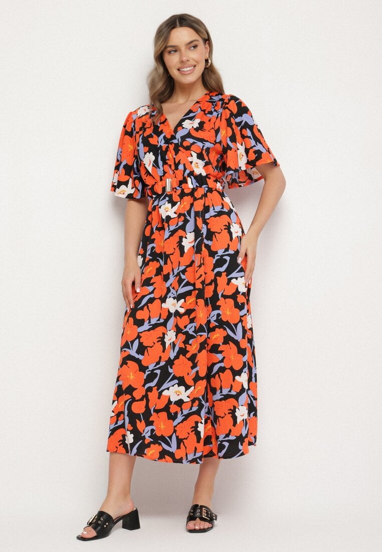 Pomarańczowa Sukienka z Bawełną i Bufiastymi Rękawami w Kwiaty Lunedita