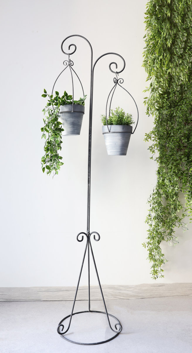 Metalowy Stojak Kwietnik na Rośliny z 2 Wiszącymi Doniczkami – 141,5 cm