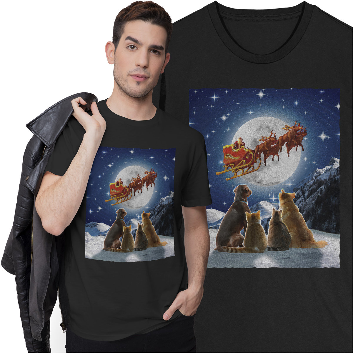 Świąteczna Koszulka Prezent na Święta Święty Mikołaj Kot Pies Zwierzęta Sanie