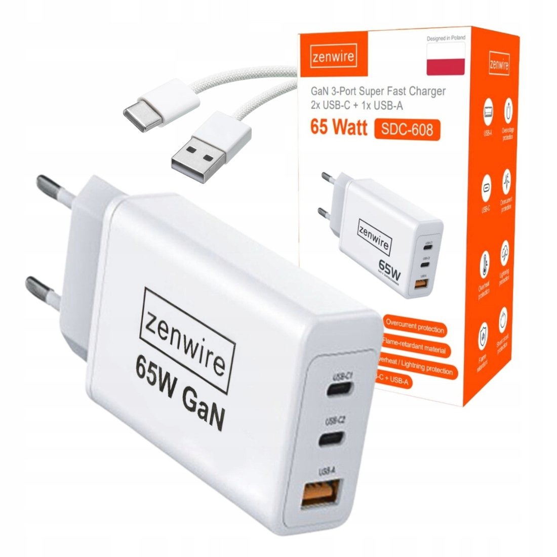 ŁADOWARKA SIECIOWA SZYBKA 65W GaN USB 2x USB-C PD QC 3.0 MOCNA UNIWERSALNA