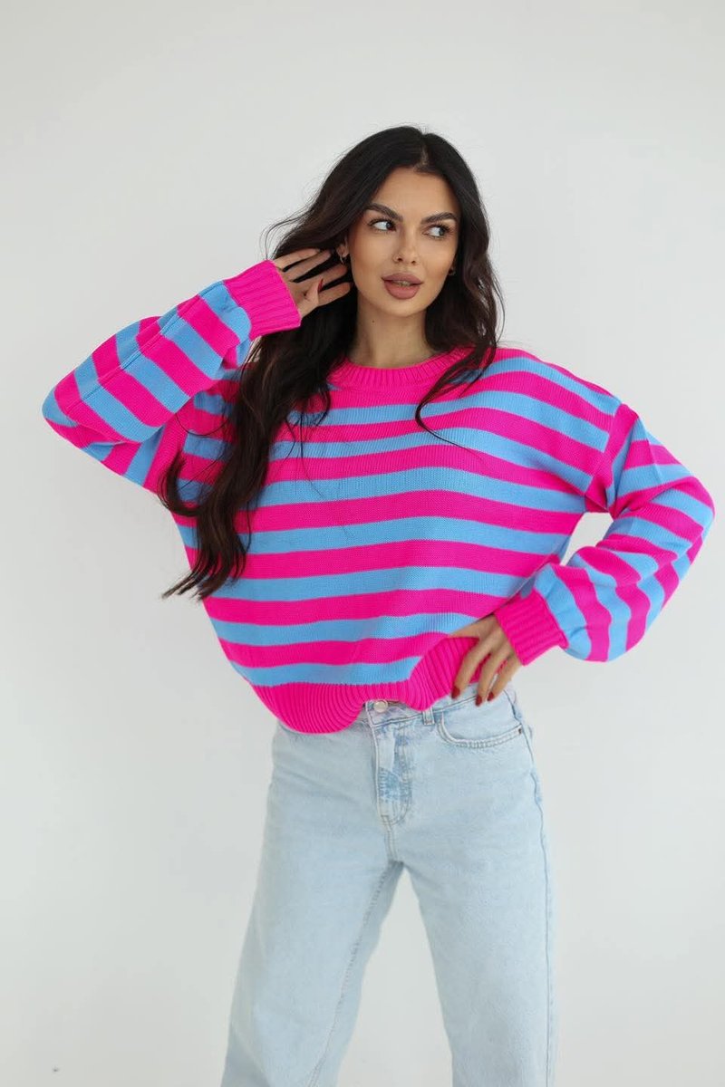 sweter damski Stayhere paski róż niebieski blue rozmiar uni