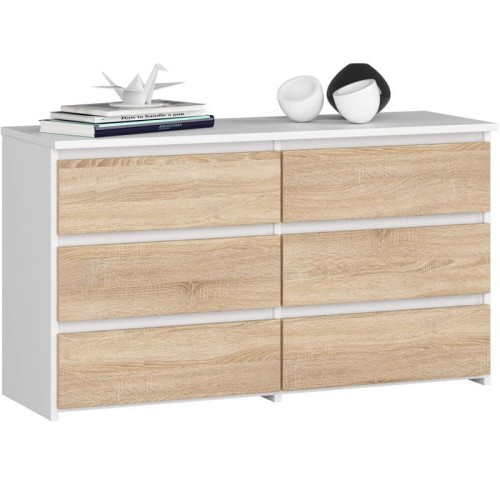 Komoda do sypialni, 6 szuflad, 100x35x57 cm, biały, dąb sonoma, mat