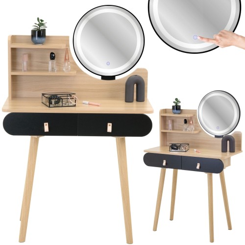 Toaletka z lustrem LED, kosmetyczna, 80x40x120 cm, czarny, jasny buk