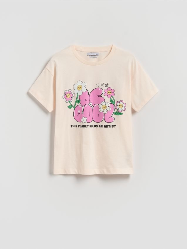 Reserved - Luźny t-shirt z nadrukiem - kremowy