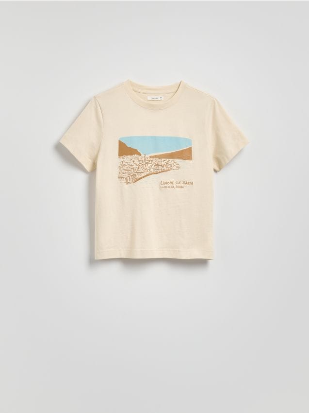 Reserved - Bawełniany T-shirt z haftem - beżowy